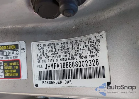 2006 Honda Civic Ex z USA, uszkodzony, nr VIN JHMFA16886S002326